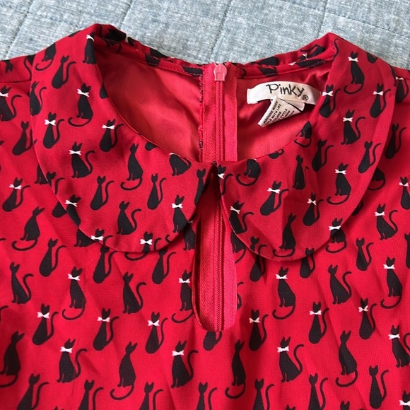 PINKY Retro KITTY CAT Print Pinup Peter Pan Neckline Mini Dress in Red | L - Picture 4 of 9